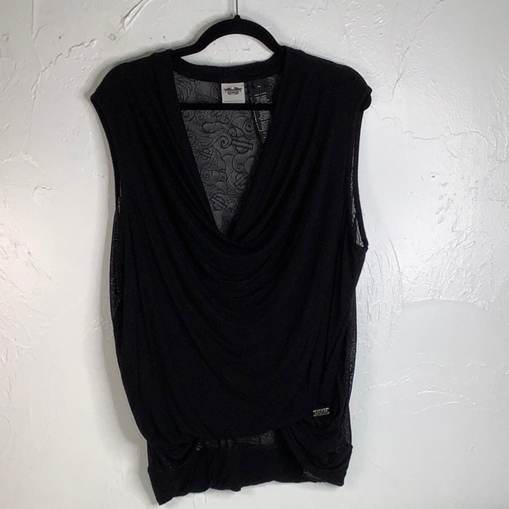 Harley Davidson Cowl neckline logo shear mesh back sleeveless blouse size 1W